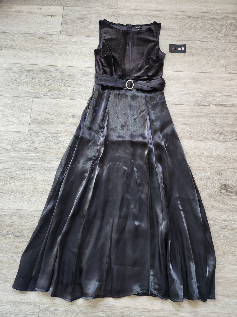 Alexa B Black Satin A-Line Belted Evening Dress Sleeveless Womens 4 Nwt